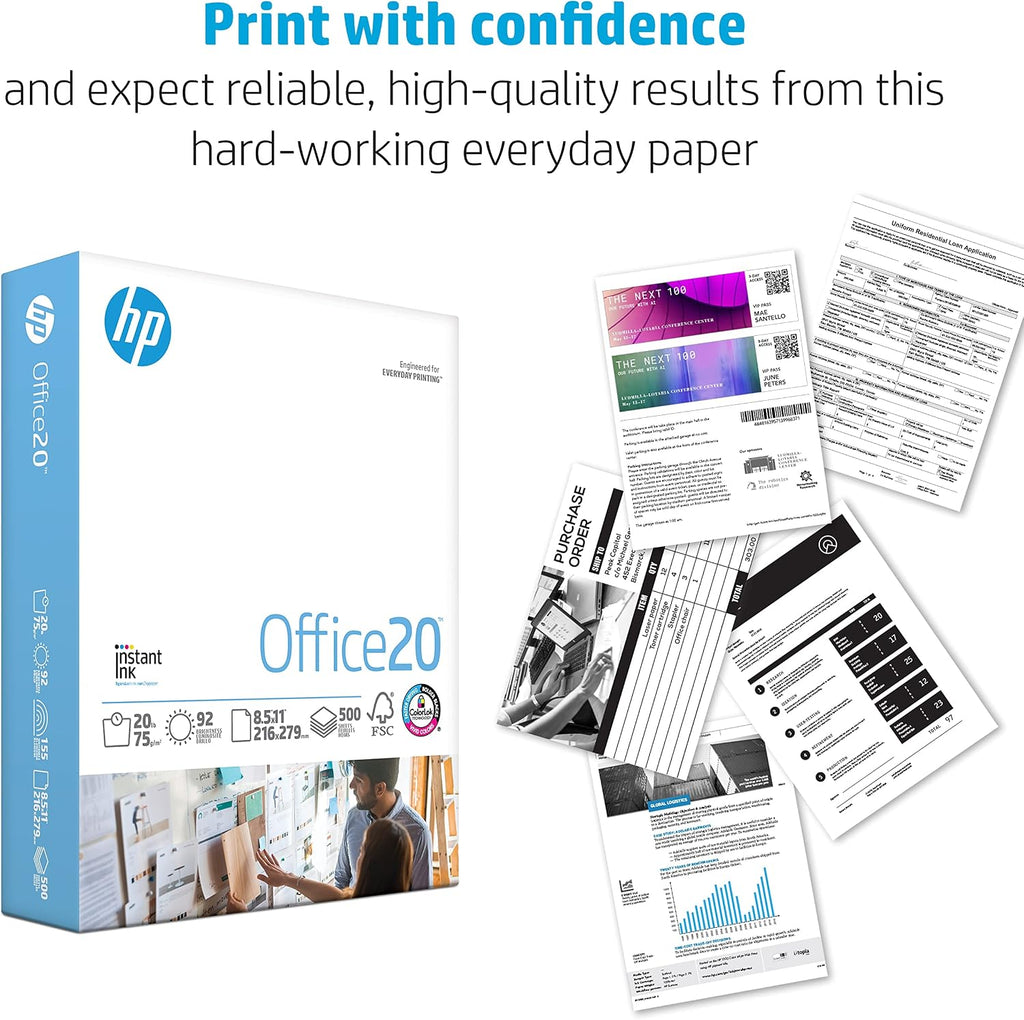 HP Printer Paper 8.5x11 Office 20 lb 5 Ream Case 2500 Sheets 92 Bright Made in USA FSC Certified Copy Paper HP Compatible 112150C