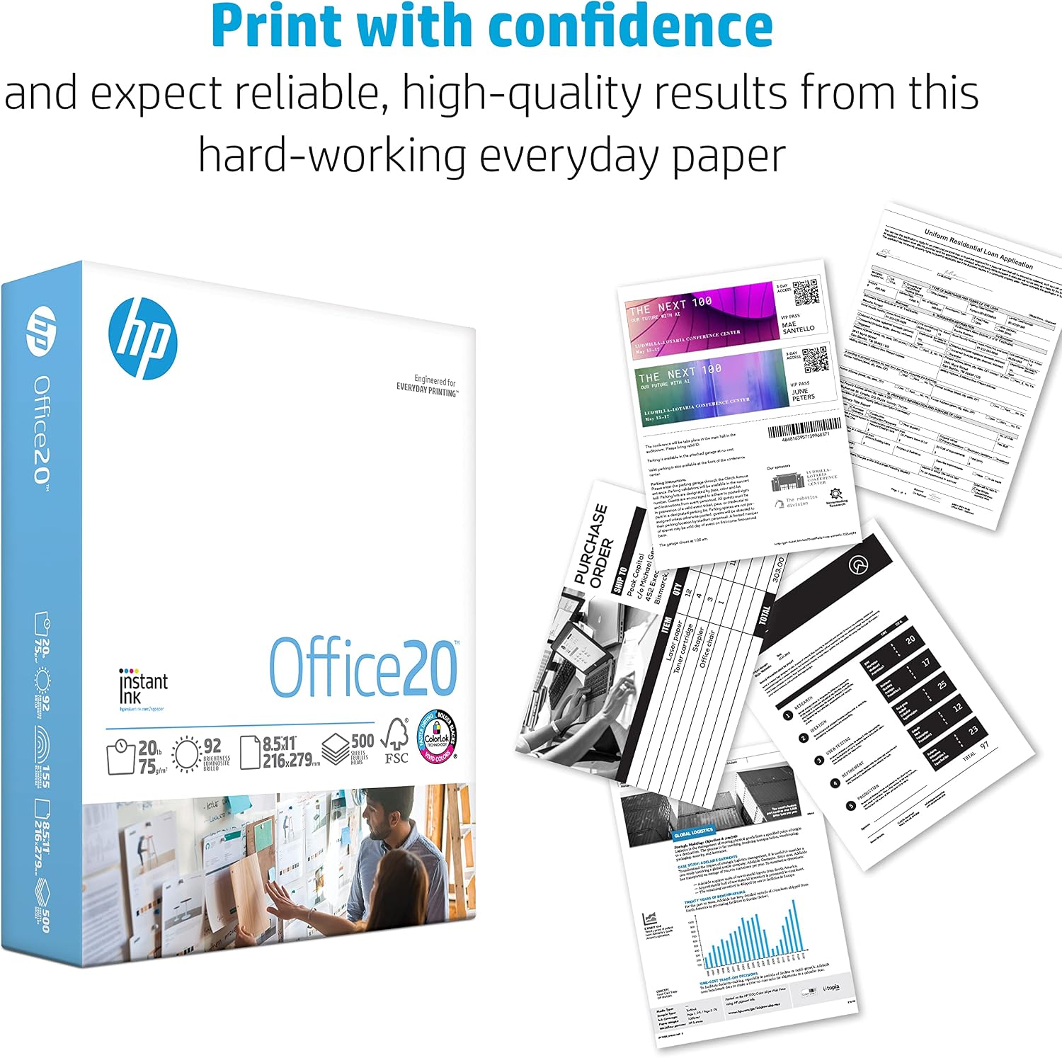 HP Printer Paper 8.5x11 Office 20 lb 5 Ream Case 2500 Sheets 92 Bright Made in USA FSC Certified Copy Paper HP Compatible 112150C
