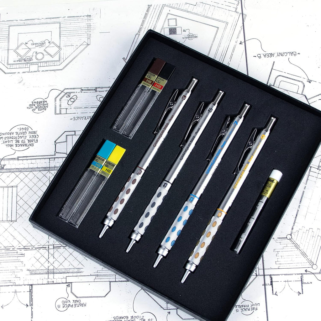 Arts GraphGear 1000 Premium Mechanical Drafting Pencil Set, Rectractable, For Students, Architects, Engineers, Artists, 4 Assorted Mechancical Pencils and Leads, Refill Erasers, Box Set