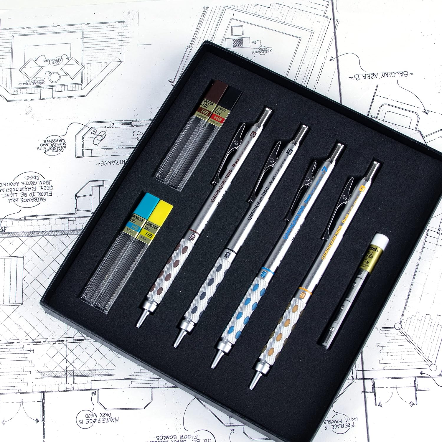 Arts GraphGear 1000 Premium Mechanical Drafting Pencil Set, Rectractable, For Students, Architects, Engineers, Artists, 4 Assorted Mechancical Pencils and Leads, Refill Erasers, Box Set