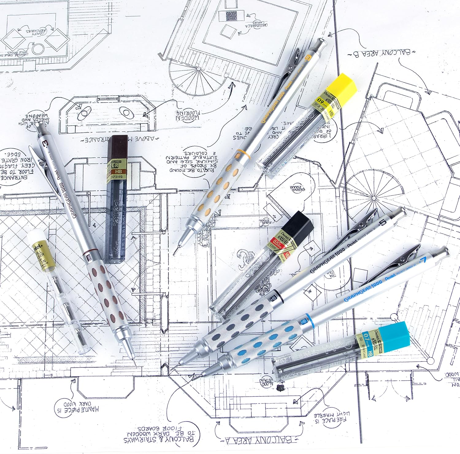 Arts GraphGear 1000 Premium Mechanical Drafting Pencil Set, Rectractable, For Students, Architects, Engineers, Artists, 4 Assorted Mechancical Pencils and Leads, Refill Erasers, Box Set