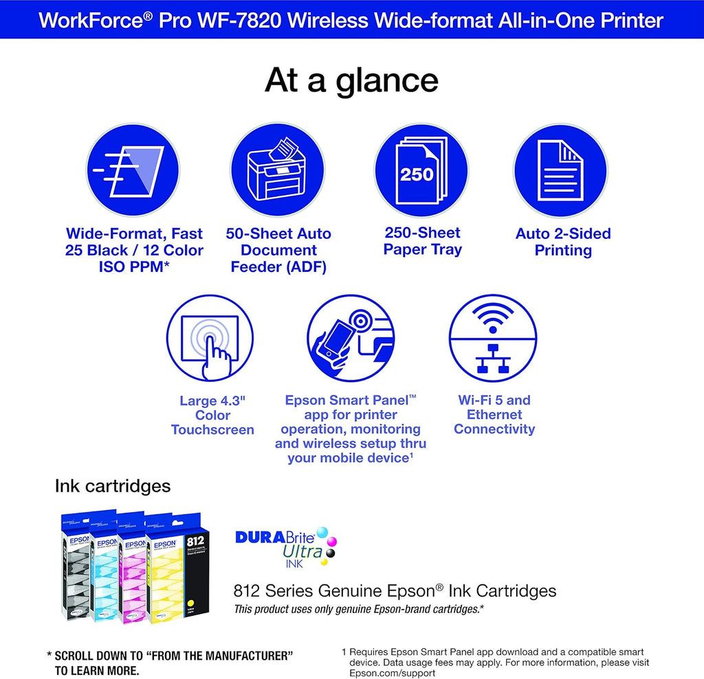 Workforce Pro WF-7820 Wireless All-in-One Wide-Format Printer, Auto 2-Sided Print 13" x 19" Copy, Scan & Fax, 50-Page ADF, 250-sheet Paper Capacity, Works with Alexa - Black