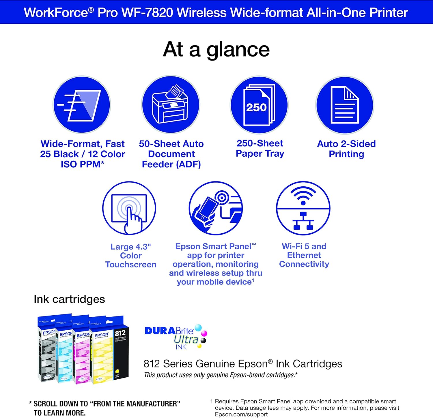 Workforce Pro WF-7820 Wireless All-in-One Wide-Format Printer, Auto 2-Sided Print 13" x 19" Copy, Scan & Fax, 50-Page ADF, 250-sheet Paper Capacity, Works with Alexa - Black