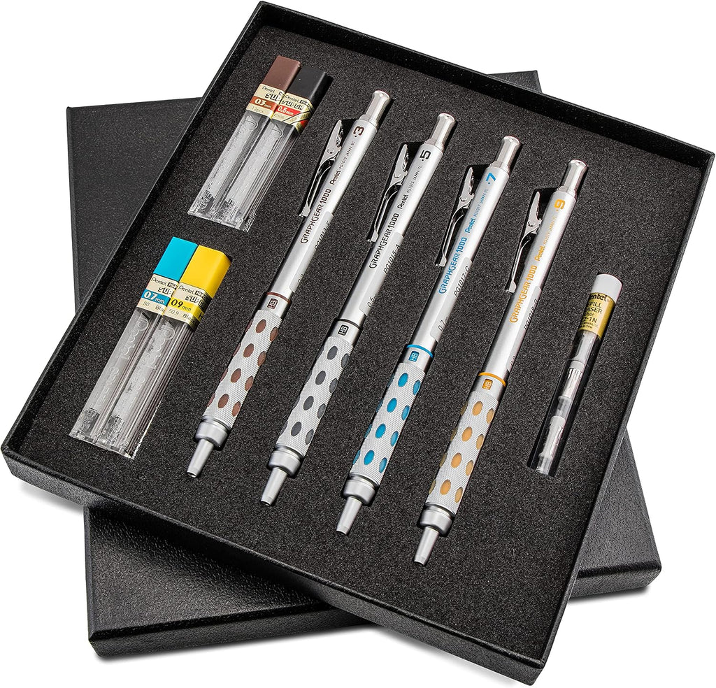 Arts GraphGear 1000 Premium Mechanical Drafting Pencil Set, Rectractable, For Students, Architects, Engineers, Artists, 4 Assorted Mechancical Pencils and Leads, Refill Erasers, Box Set