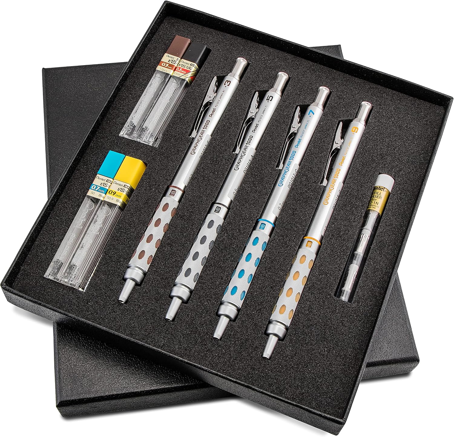 Arts GraphGear 1000 Premium Mechanical Drafting Pencil Set, Rectractable, For Students, Architects, Engineers, Artists, 4 Assorted Mechancical Pencils and Leads, Refill Erasers, Box Set